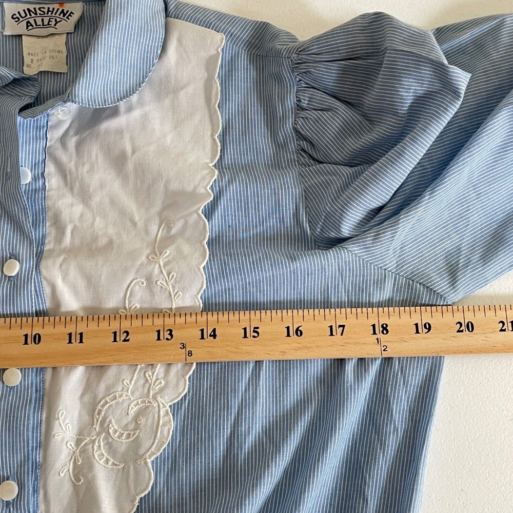 Vintage Pin Stripe Shirt Dress Womens 10 Blue Floral Embroidery Bib Collar 80s - Picture 11 of 13